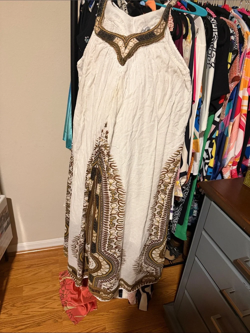 White Bohemian Embroidered Curtain Panel with Brown & Gold Accents